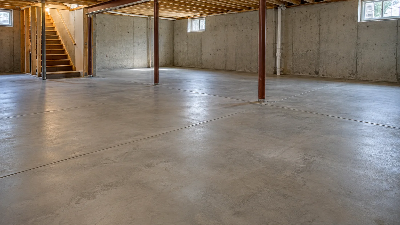 Finished cellar floor with a smooth troweled surface and saw-cut control joints between poured foundation walls